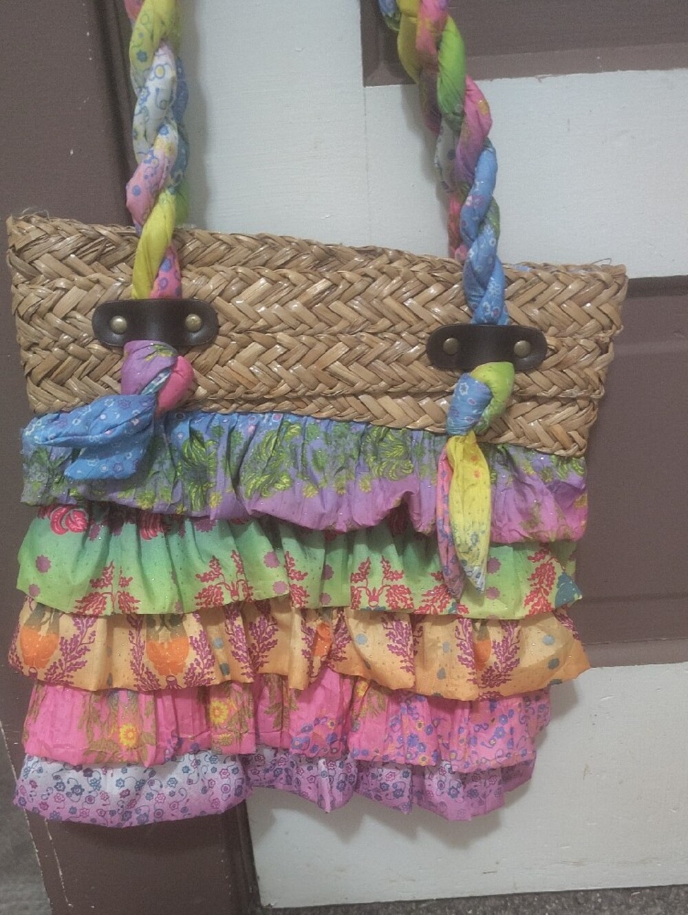Boho Multicolor Ruffle Straw Shoulder Bag - Picture 3 of 9